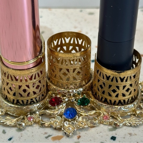 Vintage Gold Metal with Crystals‎ Trio Lipstick Holder or Brush Holder - Picture 7 of 13